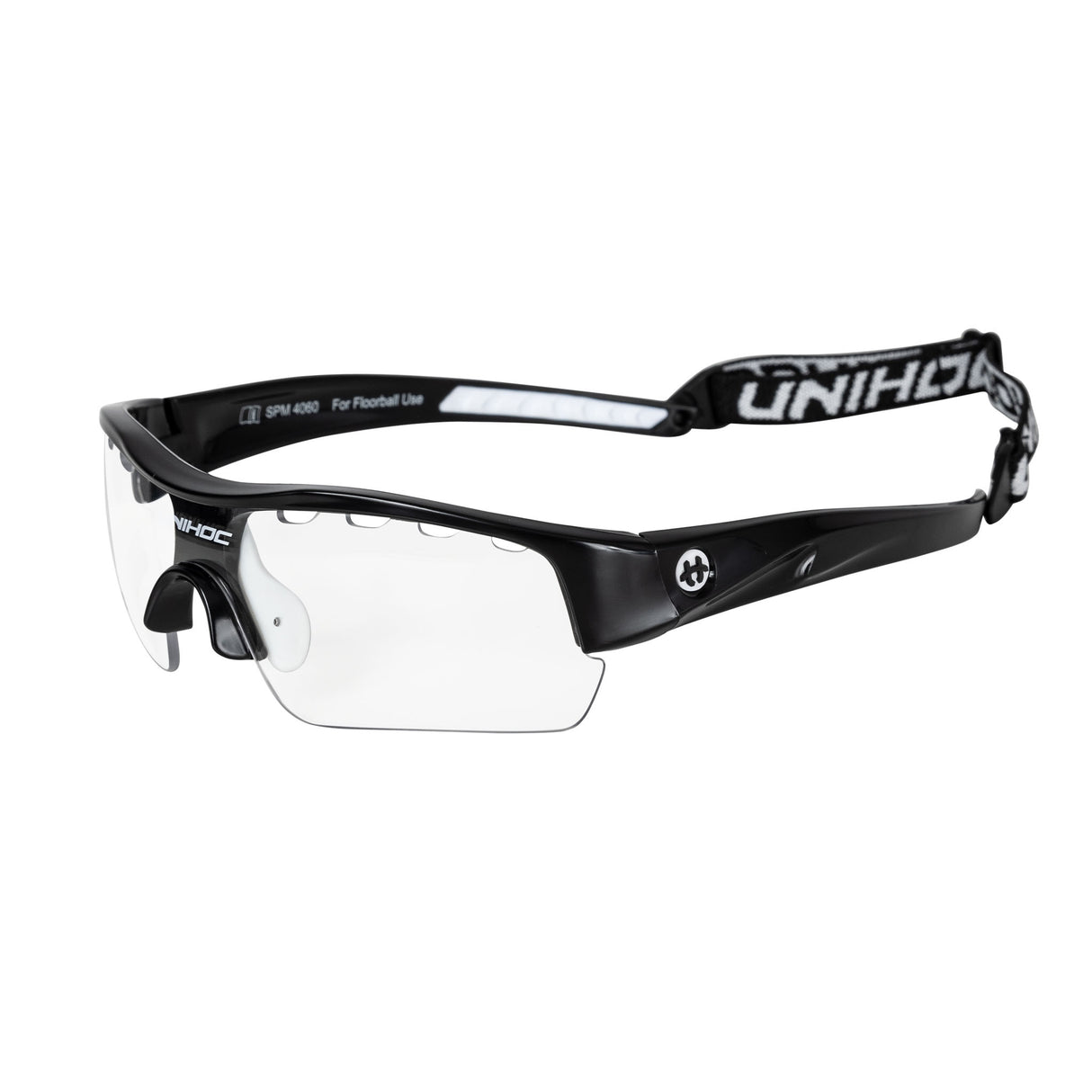 Unihoc Victory Kids protective eyewear with black frames and a Unihoc patterned strap