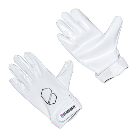 Blindsave Vault White -hanskan kiiltävä kämmen ja selkäpuoli rinnakkain