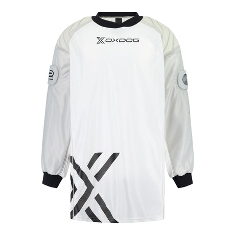 Oxdog X2 Plus padded goalie jersey front view, white with padded shoulders