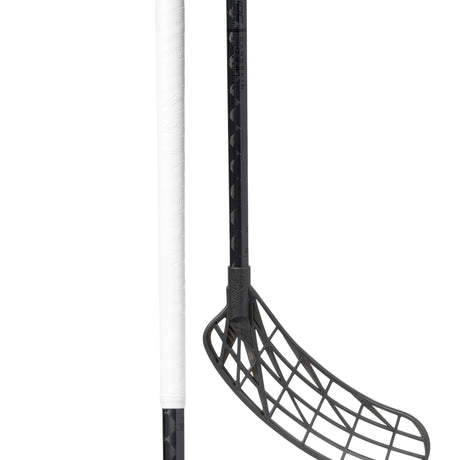Unihoc Carbskin 26 Slim Oval from two angles, black shaft and white grip